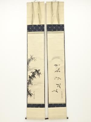 加藤文麗筆　竹雀　双幅　肉筆紙本掛軸（箱付）